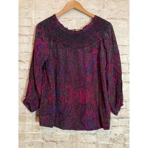 Plenty by Tracy Reese Top Womens Medium Dark Romantic Paisley Printed Smocked